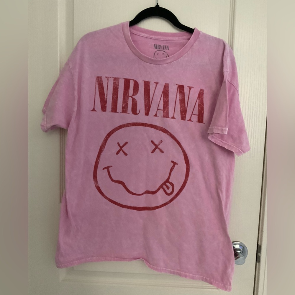 Nirvana Graphic T-Shirt Pink Acid Wash Smiley Face Logo Mens Short Sleeve Tee L - Picture 4 of 4